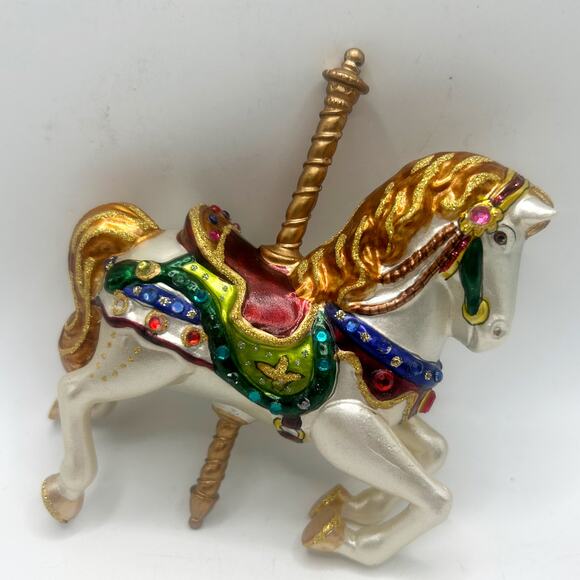 VNTG Hand Crafted Blown Glass Carousel White Horse w/ Gems and Glitter Ornament - Picture 1 of 7